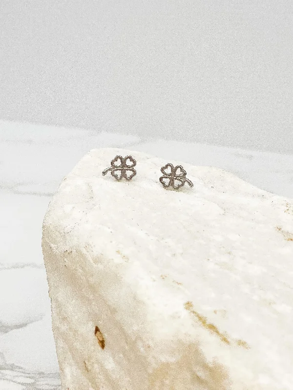 Open Heart Clover Stud Earrings - Silver