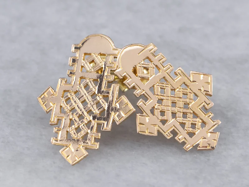 Etched Gold Ethiopian Cross Stud Earrings