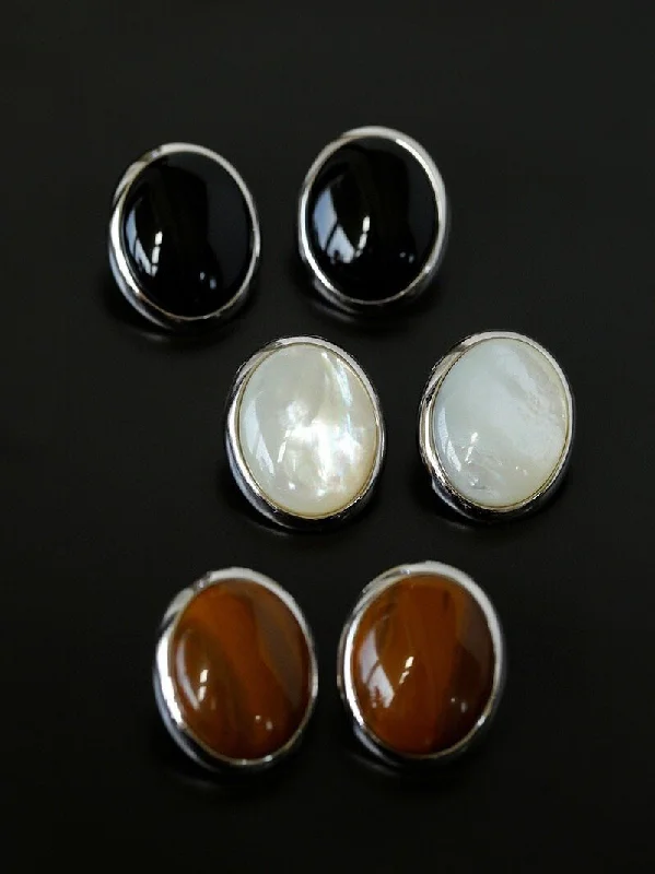 Oval Stud Earrings: White Mother-of-Pearl, Black Agate, Wood Grain Stone