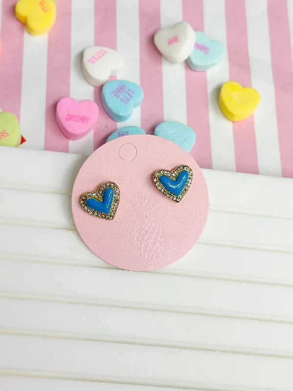 Pave Enamel Heart Stud Earrings - Aqua