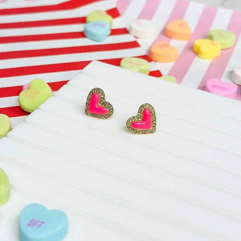 Pave Enamel Heart Stud Earrings - Hot Pink