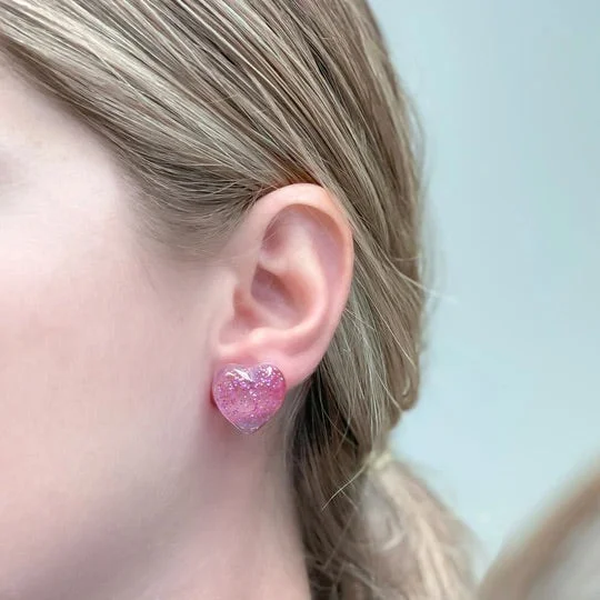 Pink Glitter Heart Stud Earrings