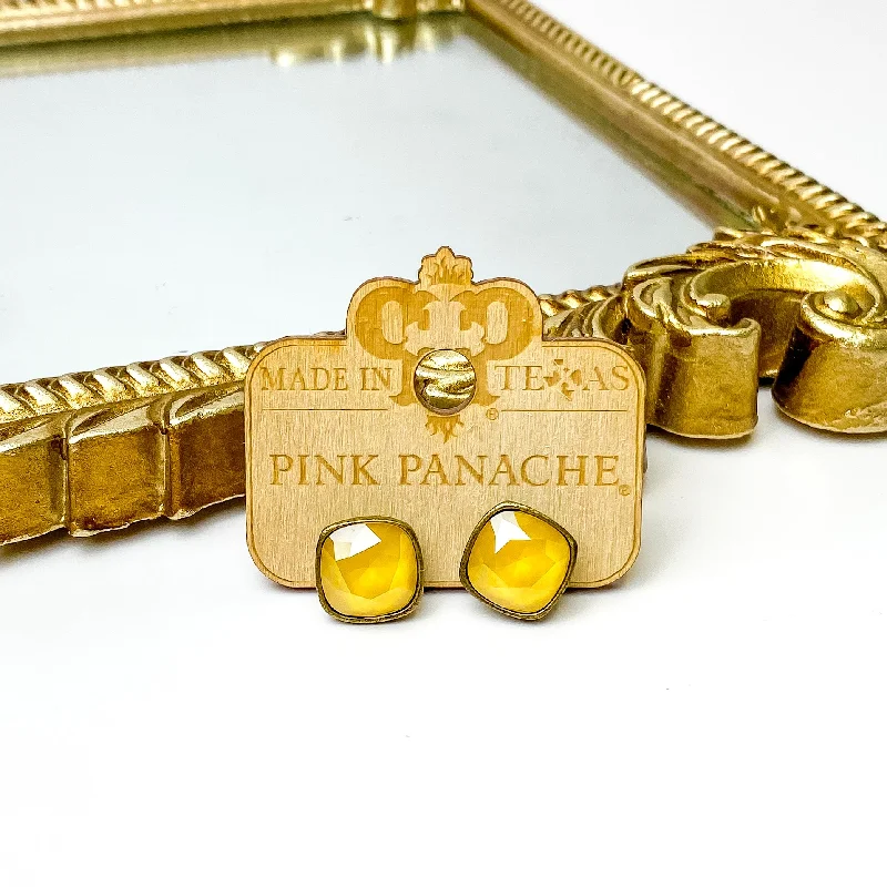 Pink Panache | Bronze Stud Earrings with Cushion Cut Crystals in Buttercup Yellow