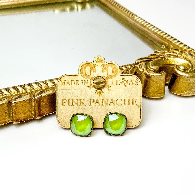 Pink Panache | Bronze Stud Earrings with Cushion Cut Crystals in Lime Green