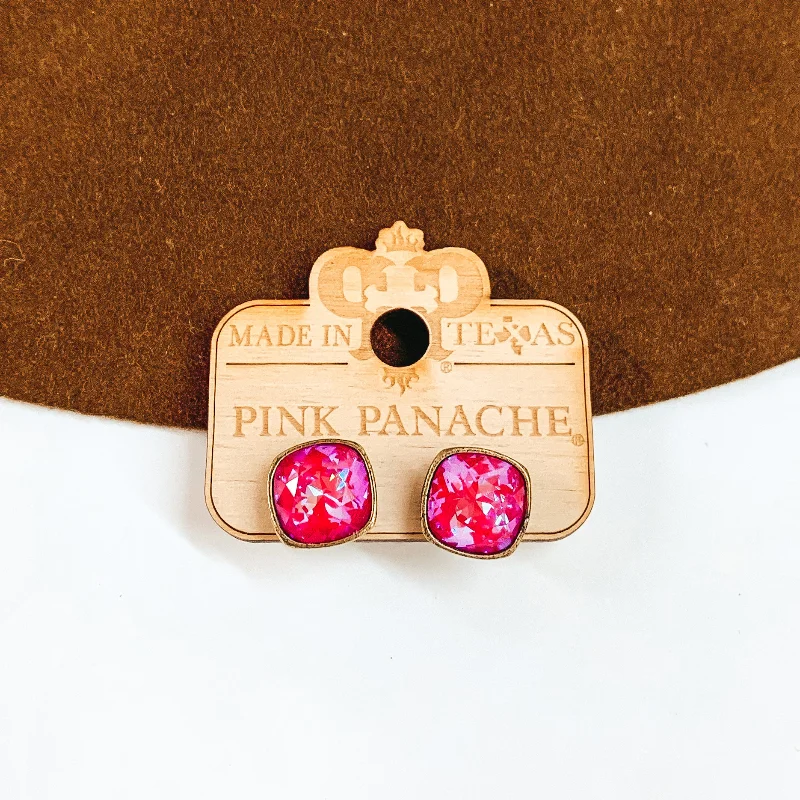 Pink Panache | Bronze Stud Earrings with Cushion Cut Crystals in Royal Red Delight