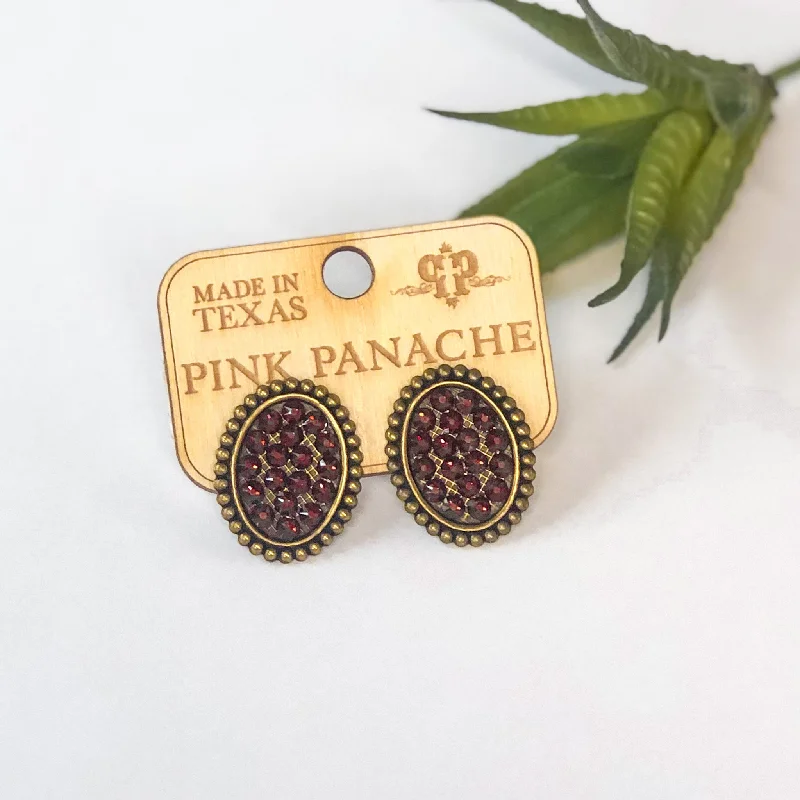 Pink Panache Mini Bronze Oval Stud Earrings with Maroon Crystals