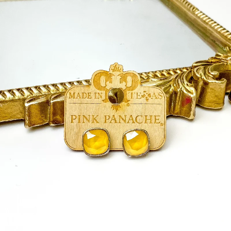 Pink Panache | Silver Stud Earrings with Cushion Cut Crystals in Buttercup Yellow