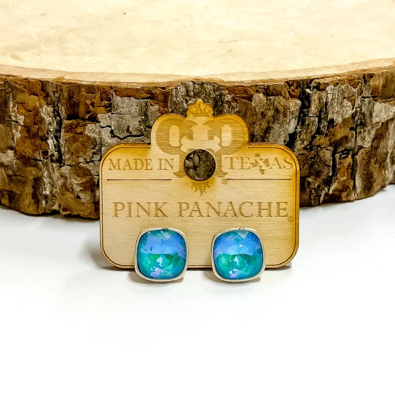 Pink Panache | Silver Tone Stud Earrings with Cushion Cut Crystals in Laguna Delight