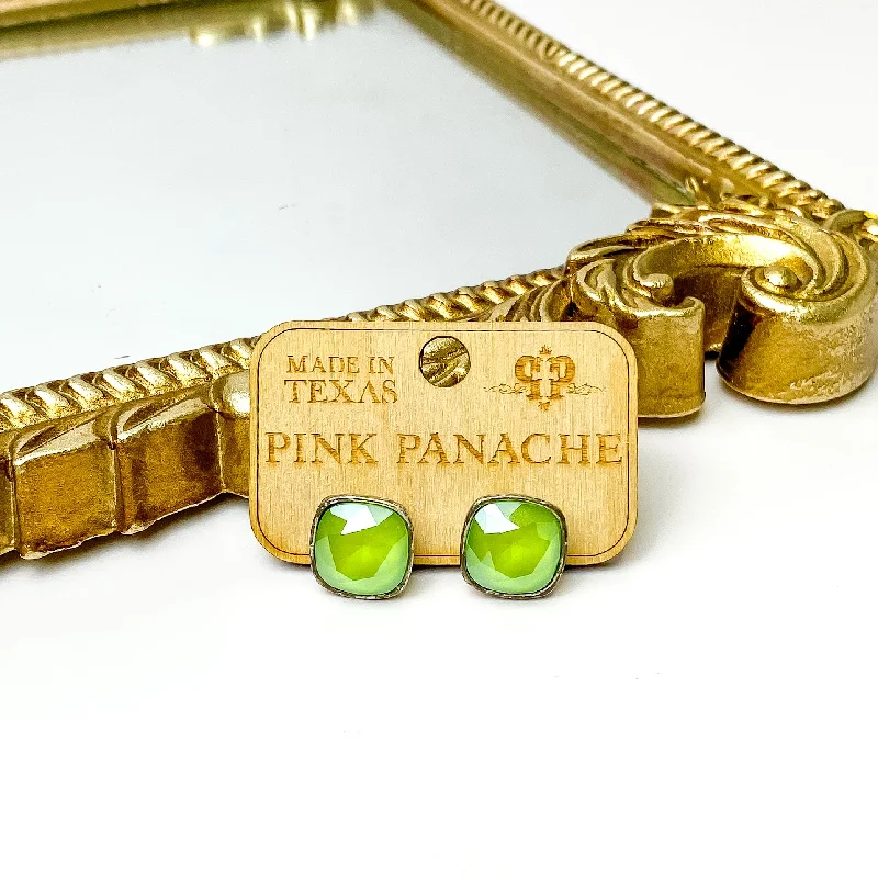 Pink Panache | Silver Stud Earrings with Cushion Cut Crystals in Lime Green