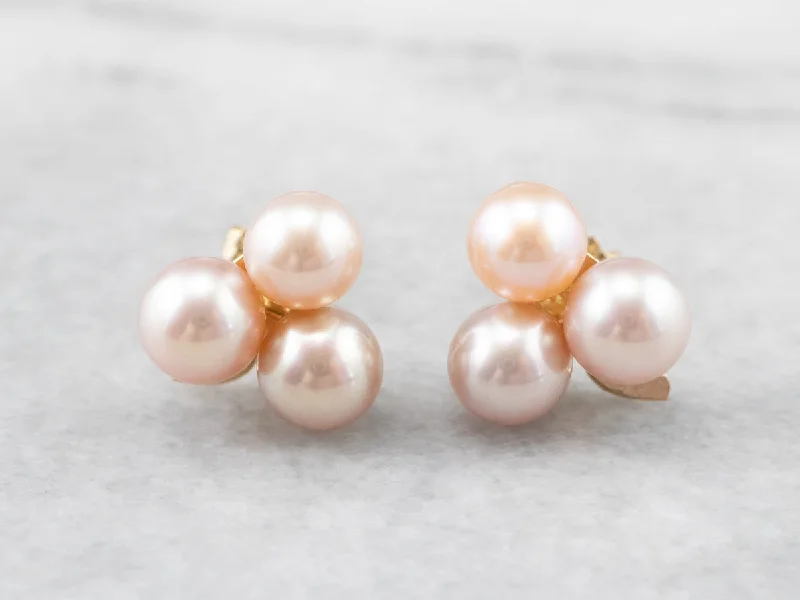 Pink Pearl Clover Gold Stud Earrings