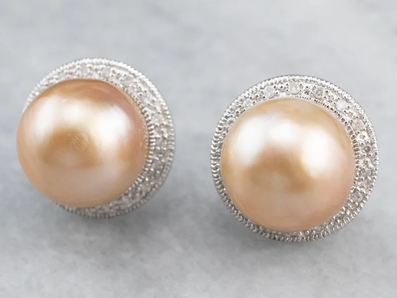 Pink Pearl Diamond Halo Stud Earrings