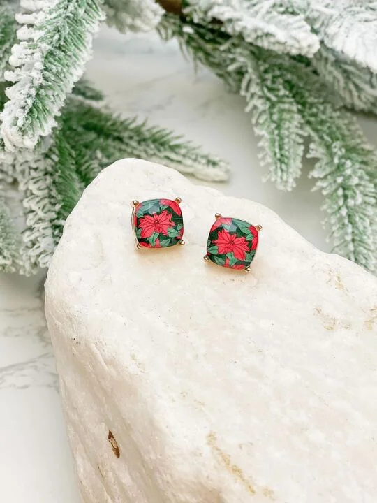 Poinsettia Printed Stud Earrings