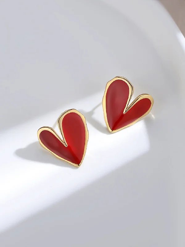 Red Enamel Glaze Folded Love Hearts Stud Earrings