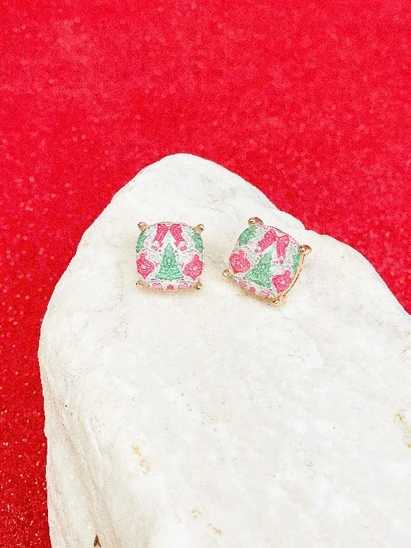 Red & Green Christmas Printed Stud Earrings