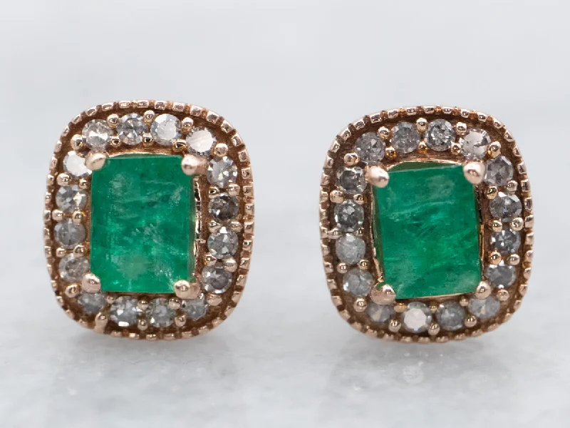 Rose Gold Emerald and Diamond Halo Stud Earrings