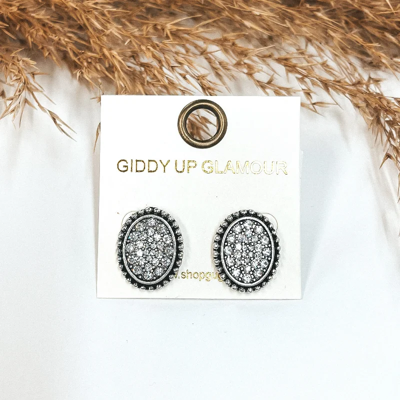 Silver Oval Stud Earrings with Clear Crystals