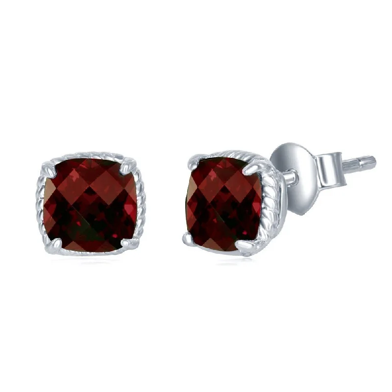 SS 6mm Garnet Cushion Cut Stud Earrings