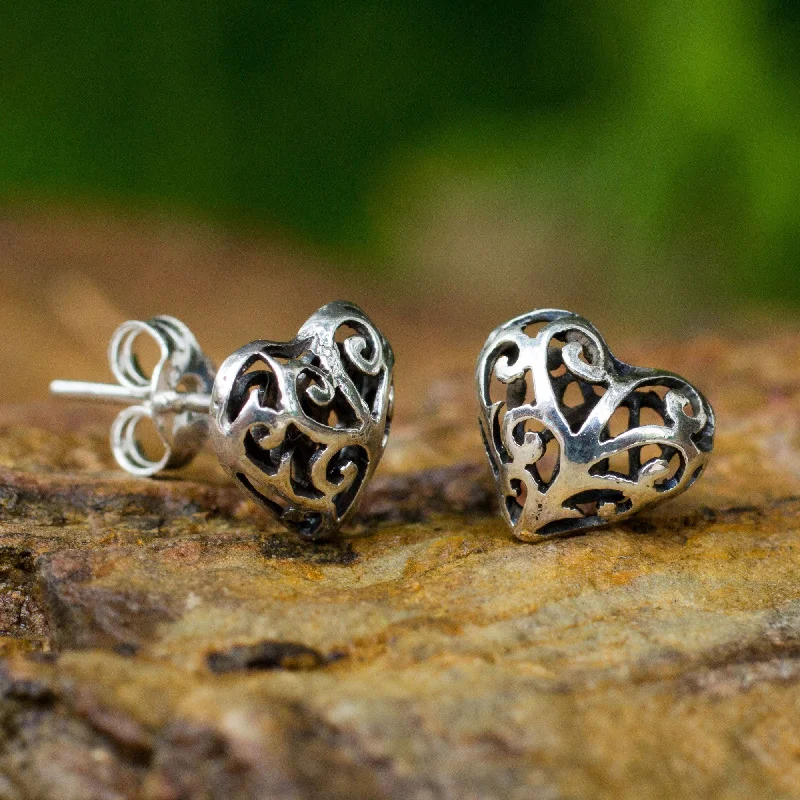 Sterling Silver Filigree Heart Stud Earrings