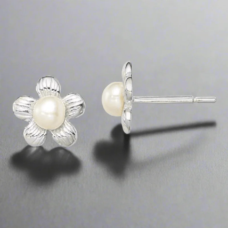 SS Flower & Lab-Created Pearl Stud Earrings