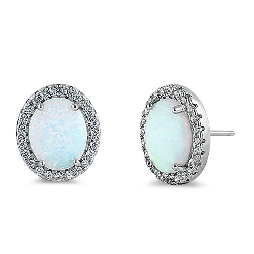 Sterling Silver White Lab Opal & Clear CZ Oval Stud Earrings