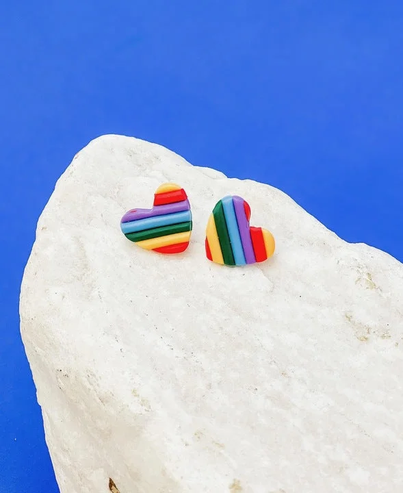 Striped Clay Heart Stud Earrings - Rainbow