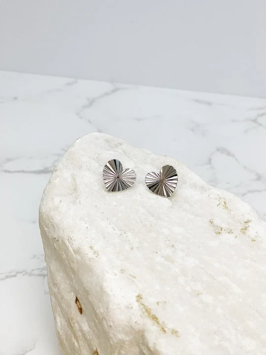 Textured Heart Stud Earrings - Silver