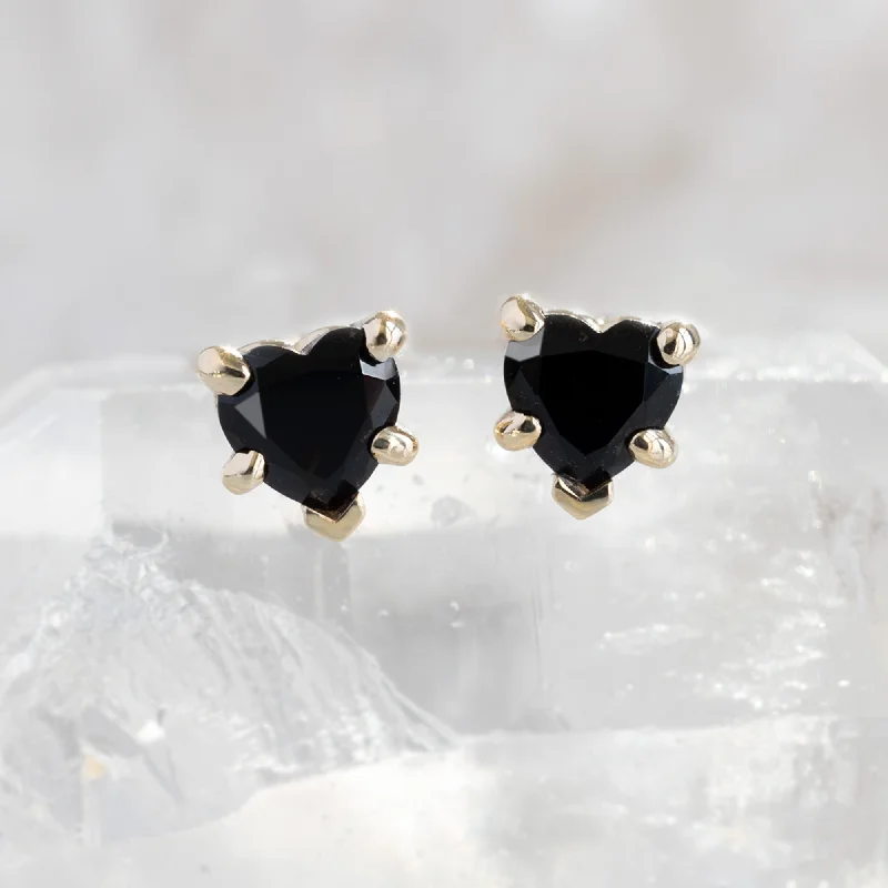 The Black Onyx Gemstone Heart Stud Earrings | 14K Yellow Gold