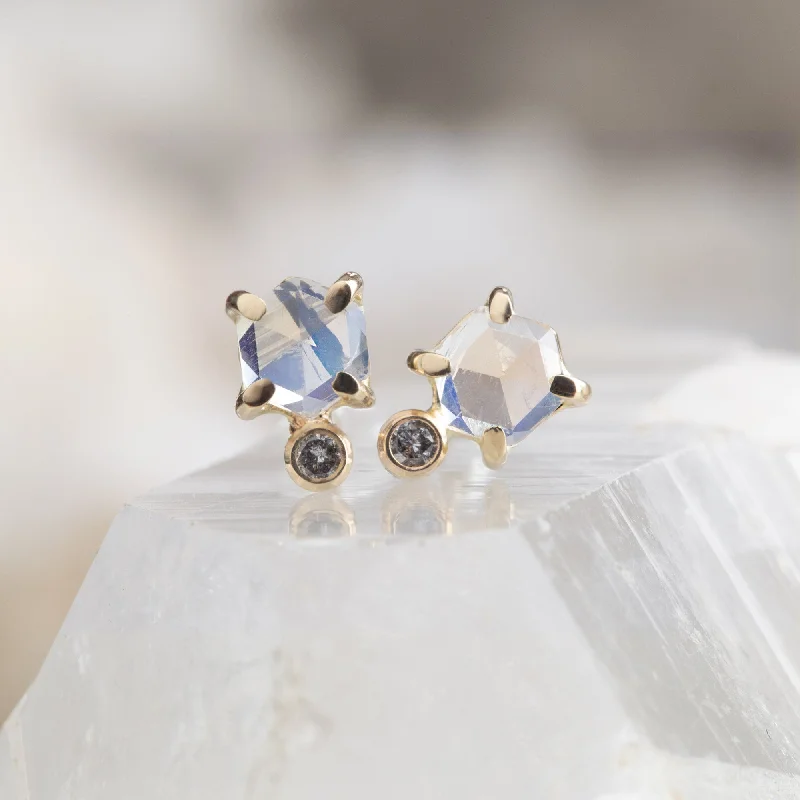 The Hexagon Moonstone + Diamond Stud Earrings | 14K Yellow Gold