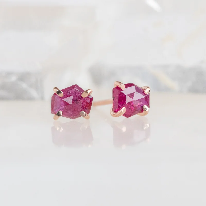 The Hexagon Ruby Stud Earrings | 14K Rose Gold