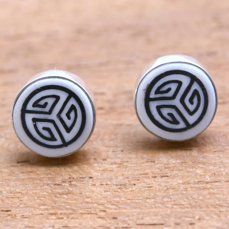 Tribal Maze Bone Stud Earrings with Tribal Motifs from Bali