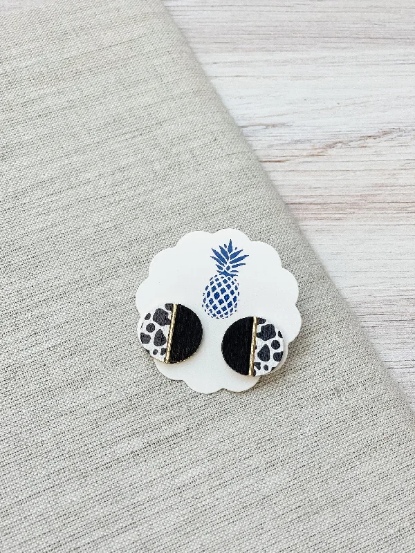 Two Tone Wood Stud Earrings - Black Cow