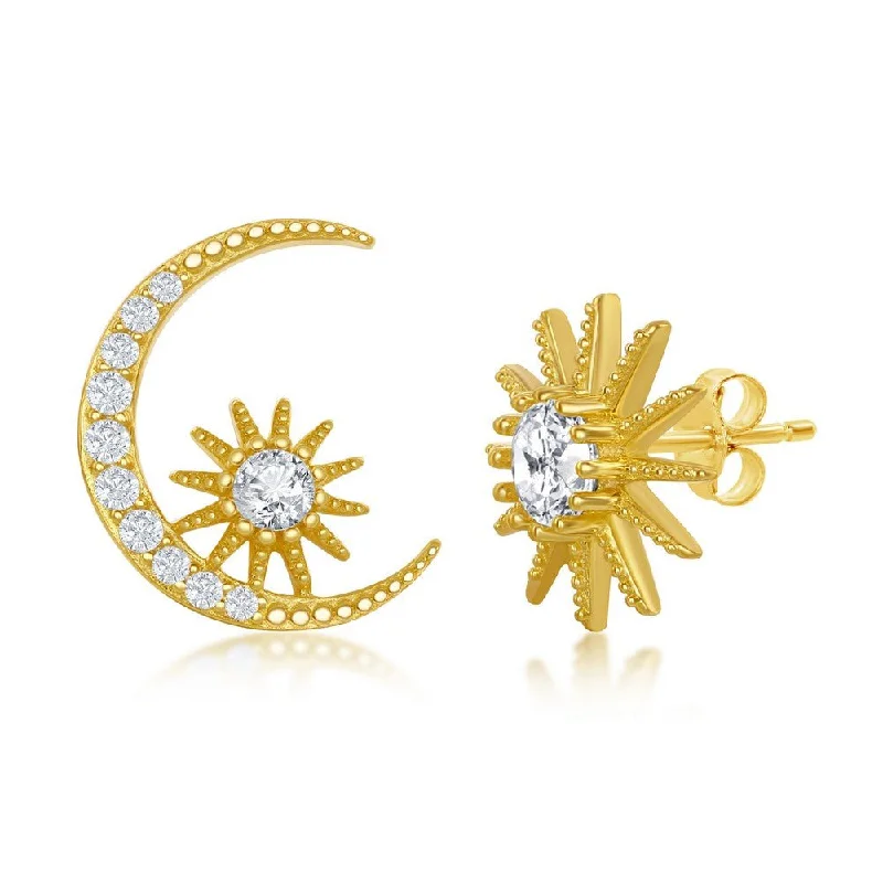 YGP Sterling CZ Sun and Moon Stud Earrings