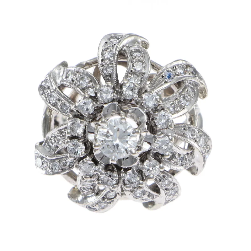 1.50CTW Diamond Floral Cluster Ring 14k White Gold Vintage 1940s Art Deco Estate