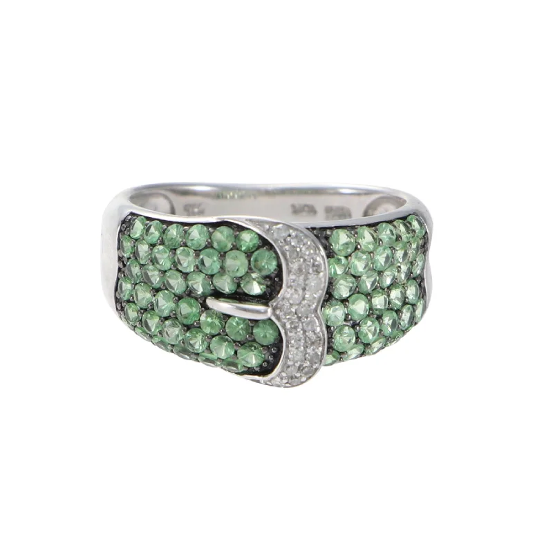 1.54CTW Tsavorite Garnet Diamond Belt Buckle Band Ring 10k White Gold