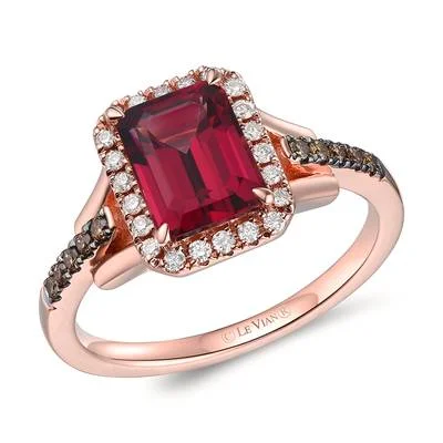 14K Rose Gold 2.05ctw Emerald Cut Rhodolite Garnet & Chocolate Diamond Halo Ring by Le Vian