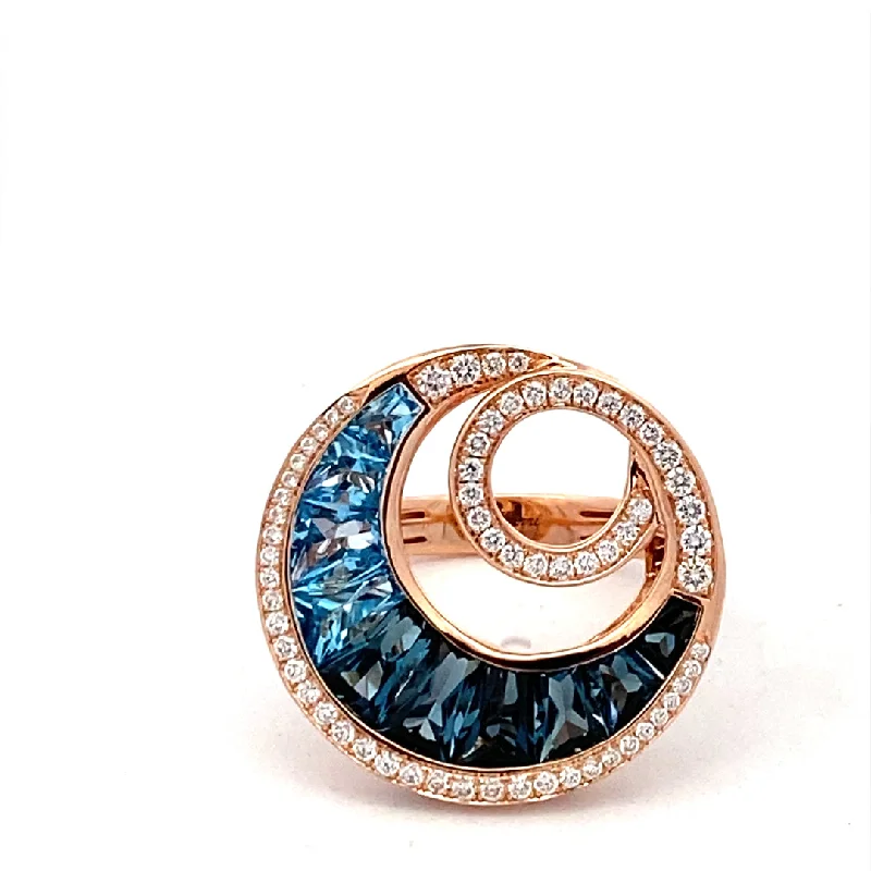 14K Rose Gold 3.56ctw Blue Topaz & Diamond Malibu Wave Ring by Bellarri