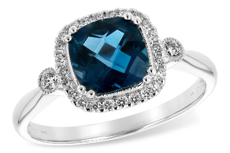 14K White Gold 1.77ctw Cushion London Blue Topaz & Diamond Halo Ring by Allison Kaufman