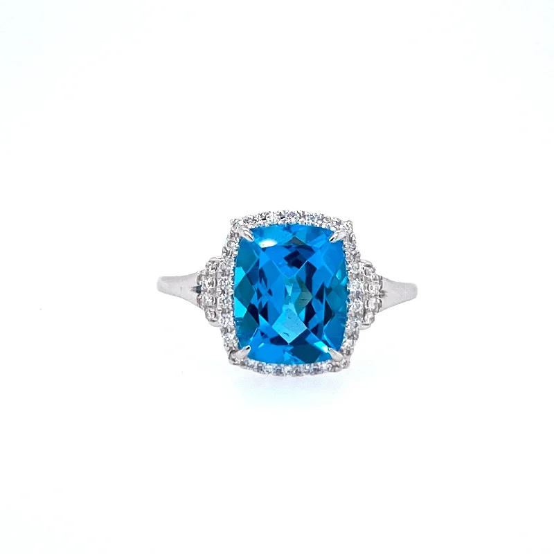 14K White Gold 3.78ctw Blue Topaz & Diamond Halo Ring by Bellarri