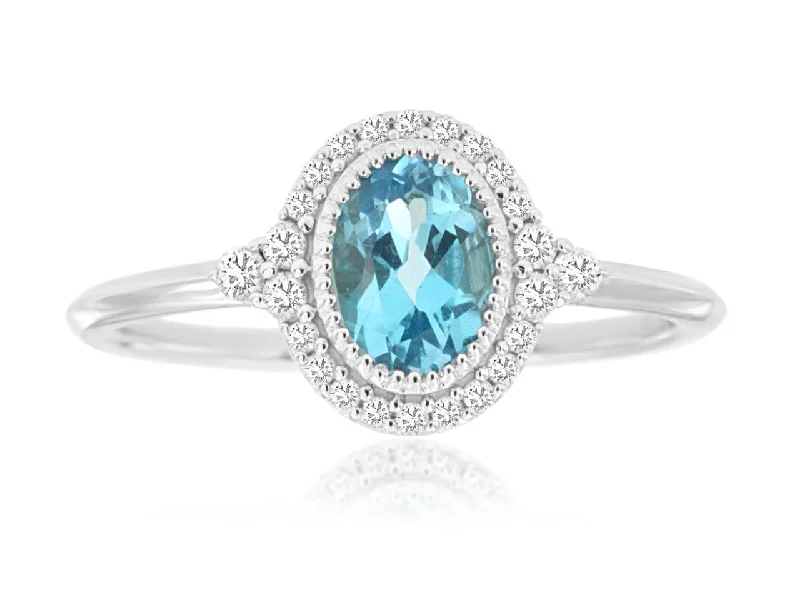 14K White Gold Blue Topaz and Diamond Halo Ring