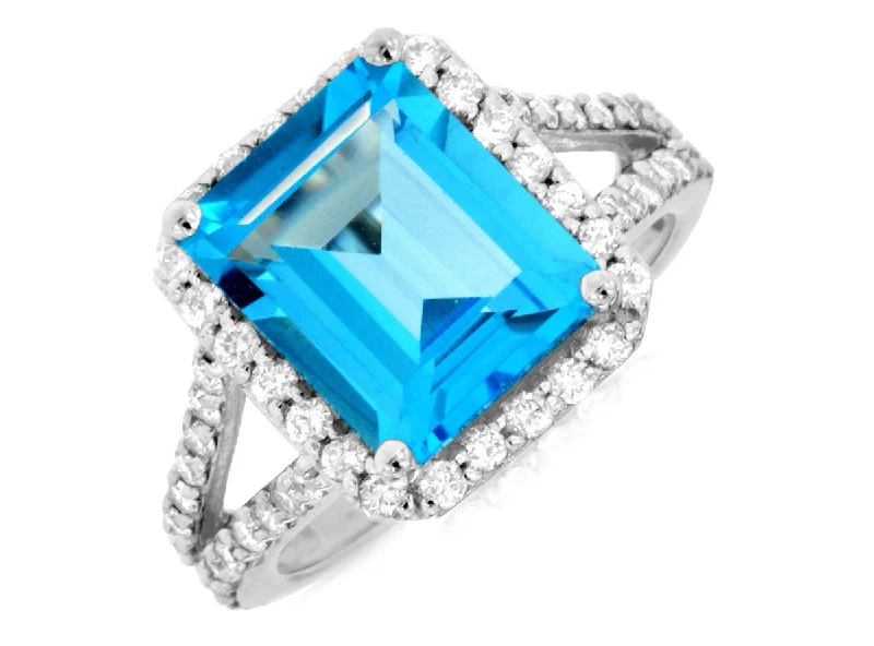 14K White Gold Blue Topaz and Diamond Ring