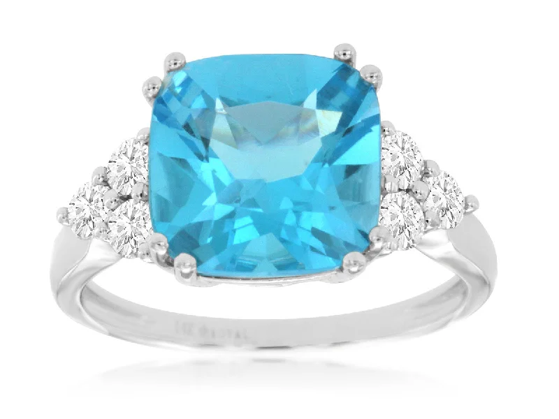 14K White Gold Blue Topaz and Diamond Ring