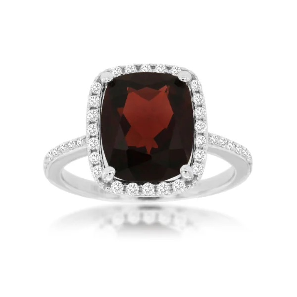 14K White Gold Cushion Cut Garnet and Diamond Halo Ring