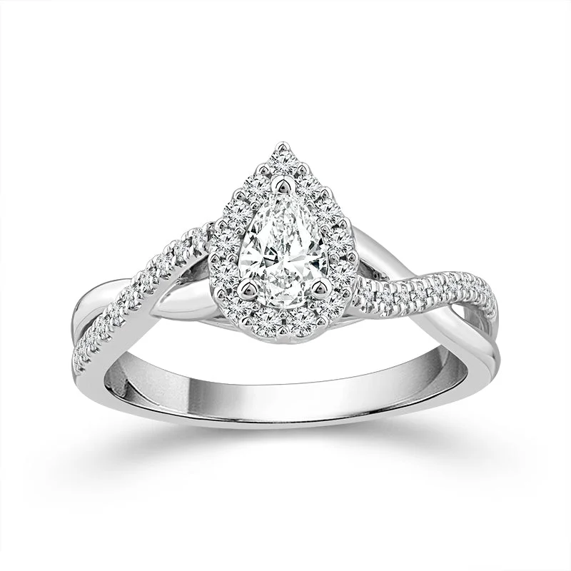 14K White Gold Natural Pear Diamond Halo Ring