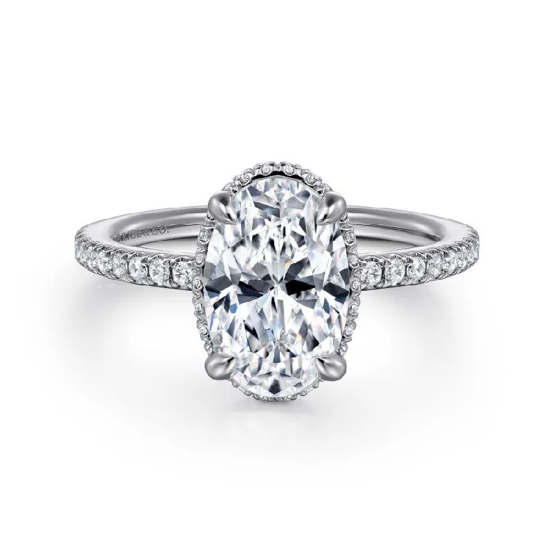 14K White Gold Oval Cut Hidden Halo Diamond Engagement Ring