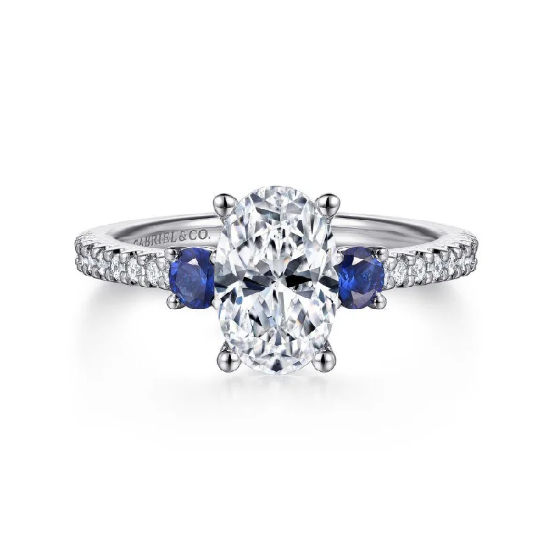 14K White Gold Oval Three Stone Sapphire and Diamond Engagement Ring