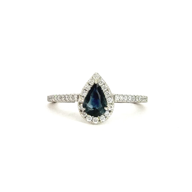 14k White Gold Pear Sapphire & Diamond Halo Ring