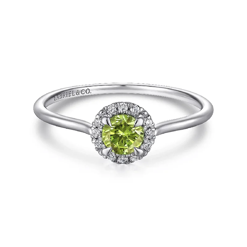 14K White Gold Peridot and Diamond Halo Promise Ring