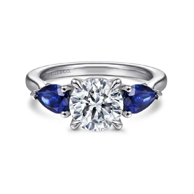 14K White Gold Round Three Stone Sapphire and Diamond Engagement Ring