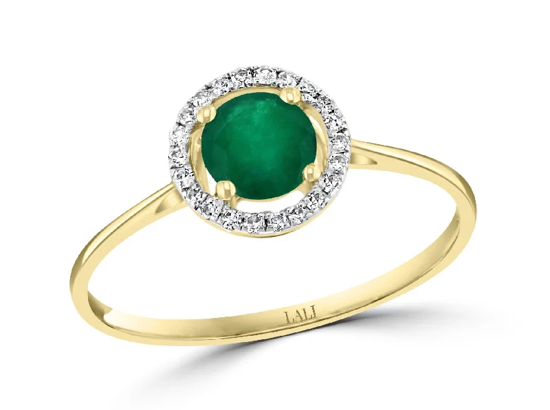 14K Yellow Gold 0.52ctw Round Emerald & Diamond Halo Ring