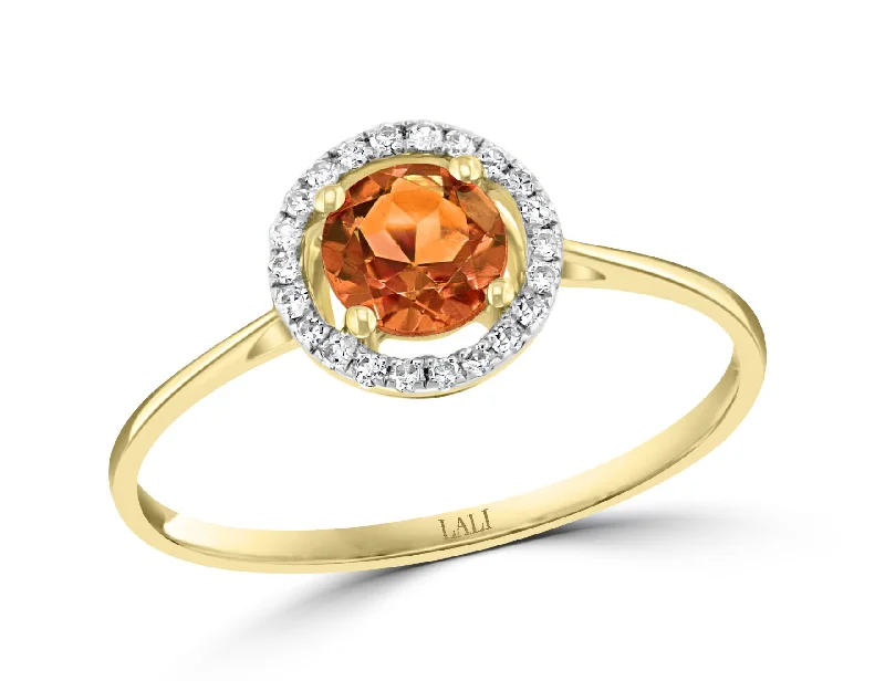 14K Yellow Gold 0.57ctw Round Citrine & Diamond Halo Ring